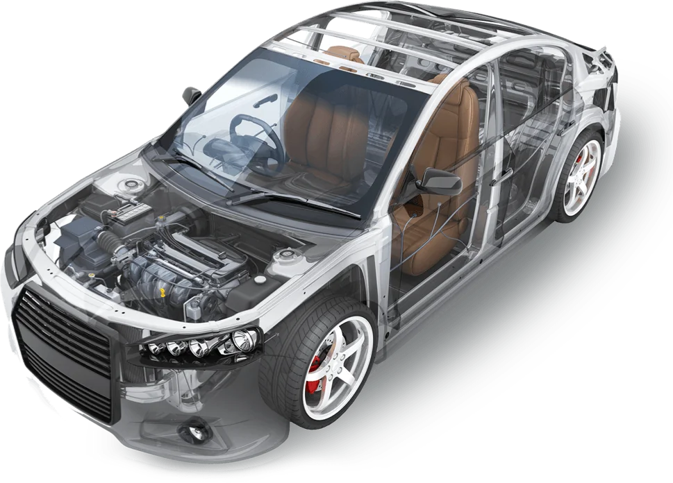 Cutaway view of a car showing the engine, brakes and suspension